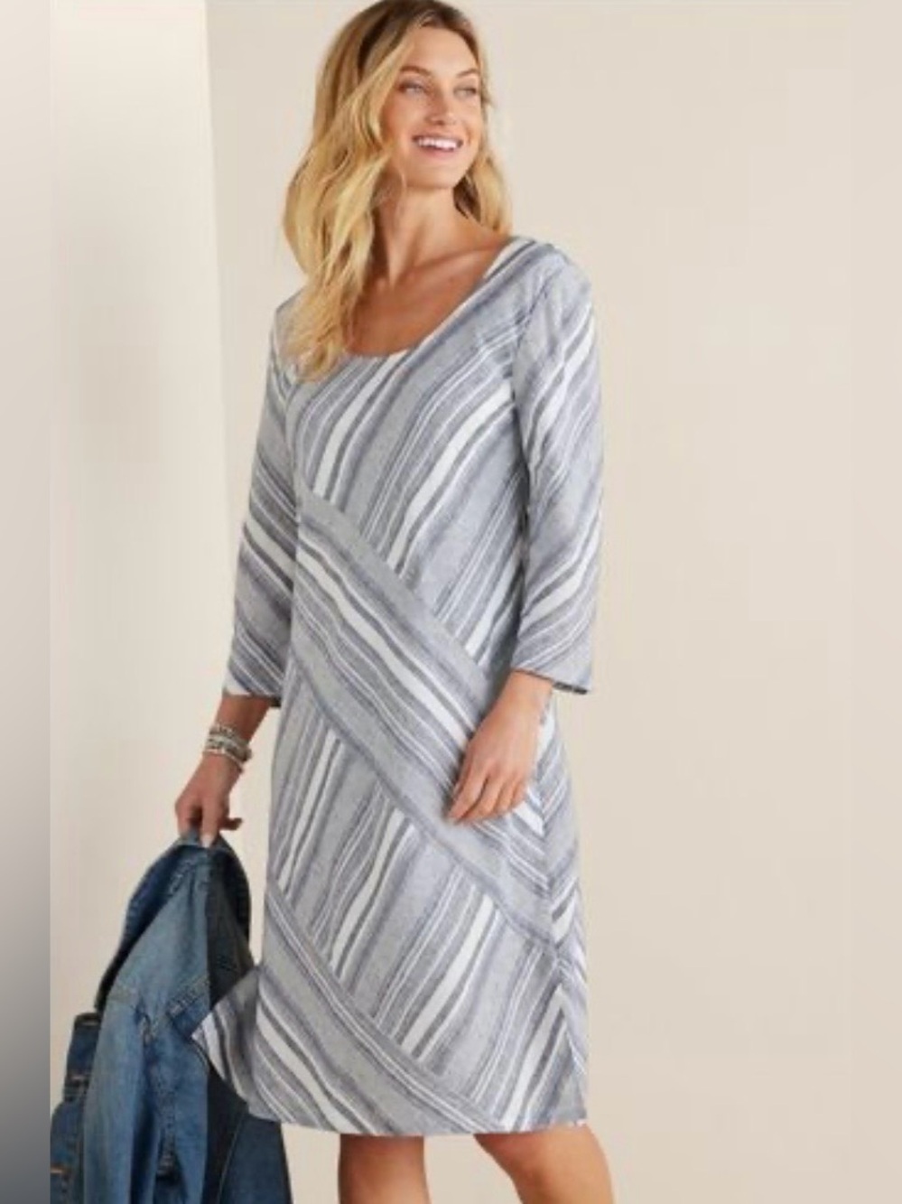 NWT Soft Surroundings Sonya Linen Blend Dress Blue White Size L